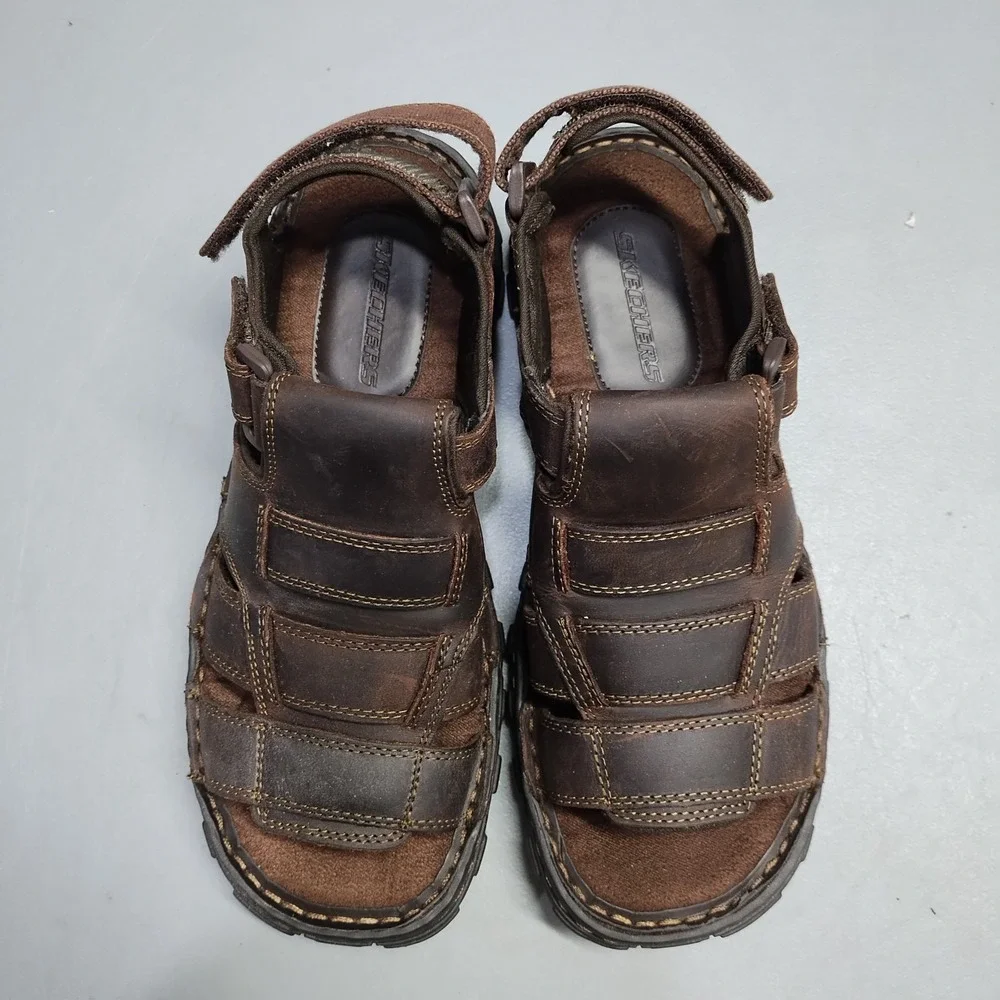 Skechers Fisherman Sandals Mens Size 9 Brown Leather Open Toe Hook & Loop 60847